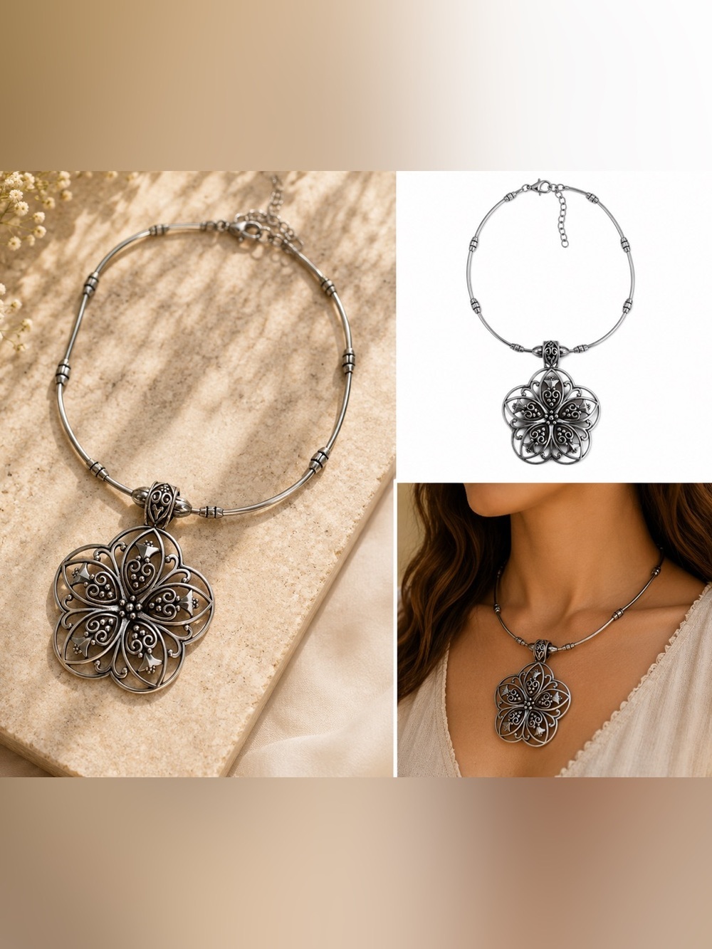 Silver tone Filigree Flower Pendant Necklace - Women